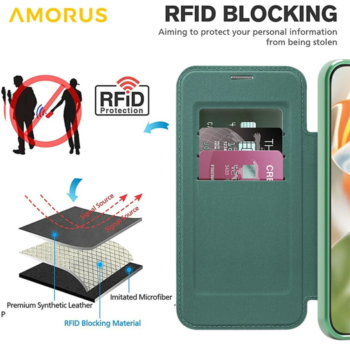 AMORUS For Google Pixel 10 Pro XL Magnetic Case RFID Blocking Card Holder Leather Phone Cover - Blackish Green - 5
