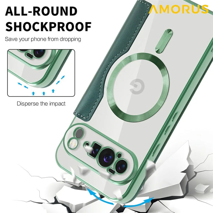 AMORUS For Google Pixel 10 Pro XL Magnetic Case RFID Blocking Card Holder Leather Phone Cover - Blackish Green - 6