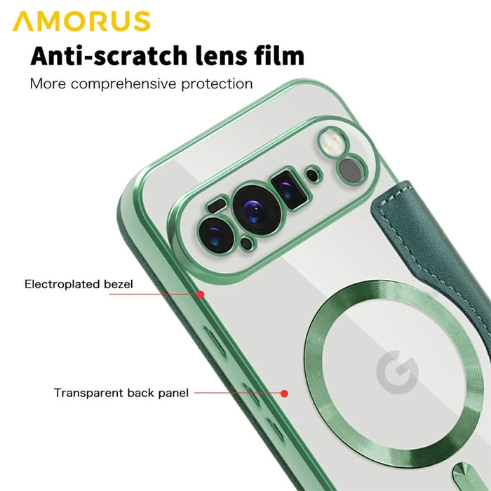 AMORUS For Google Pixel 10 Pro XL Magnetic Case RFID Blocking Card Holder Leather Phone Cover - Blackish Green - 7