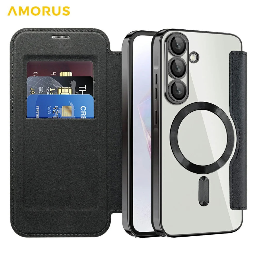 AMORUS For Samsung Galaxy A36 5G Magnetic Case RFID Blocking Card Holder Leather Phone Cover - Black - 2