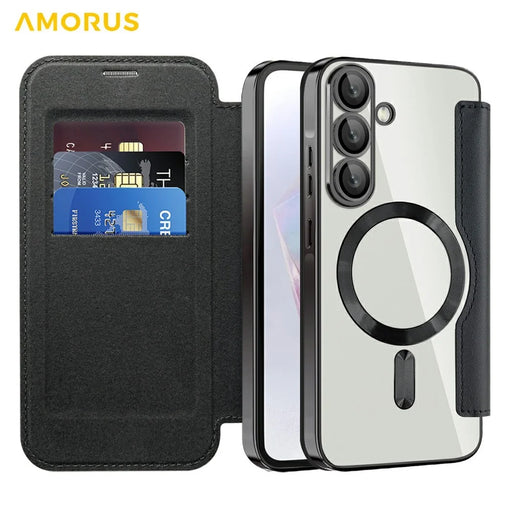 AMORUS For Samsung Galaxy A36 5G Magnetic Case RFID Blocking Card Holder Leather Phone Cover - Black - 2