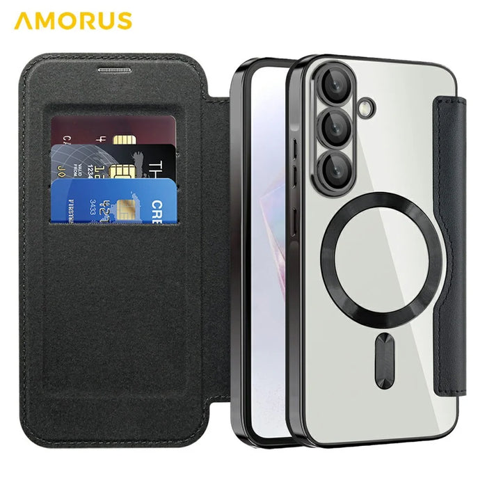 AMORUS For Samsung Galaxy A36 5G Magnetic Case RFID Blocking Card Holder Leather Phone Cover - Black - 2