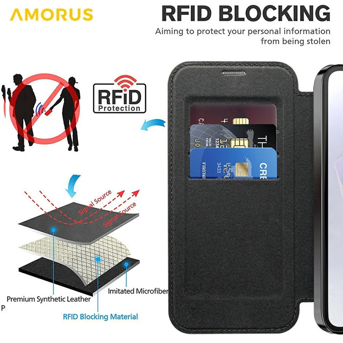 AMORUS For Samsung Galaxy A36 5G Magnetic Case RFID Blocking Card Holder Leather Phone Cover - Black - 3