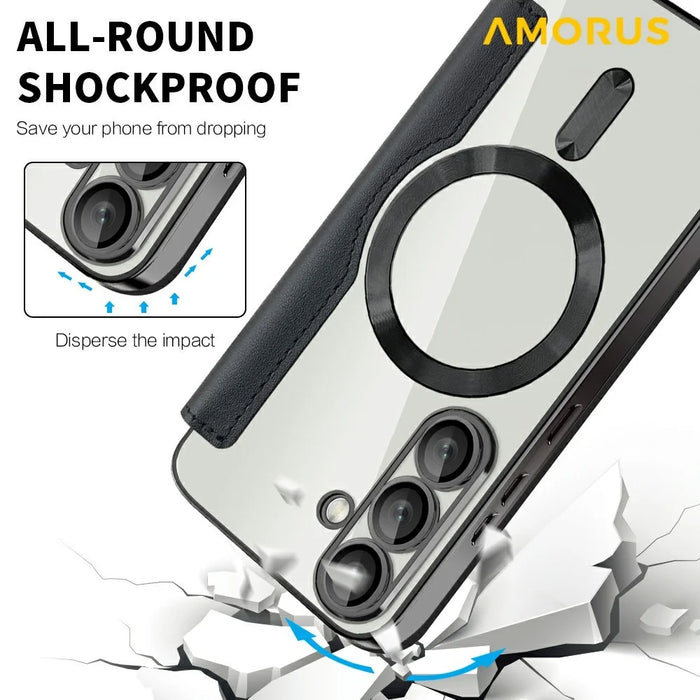 AMORUS For Samsung Galaxy A36 5G Magnetic Case RFID Blocking Card Holder Leather Phone Cover - Black - 5
