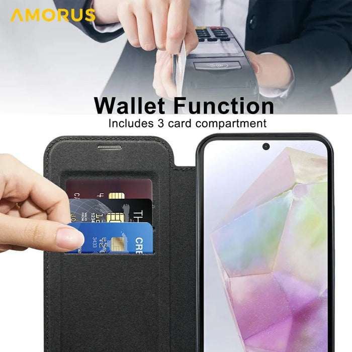 AMORUS For Samsung Galaxy A36 5G Magnetic Case RFID Blocking Card Holder Leather Phone Cover - Black - 6