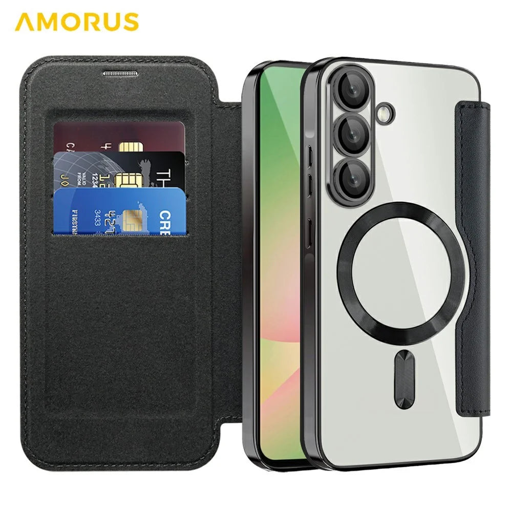 AMORUS For Samsung Galaxy A56 5G Magnetic Case RFID Blocking Card Holder Leather Phone Cover - Black - 2