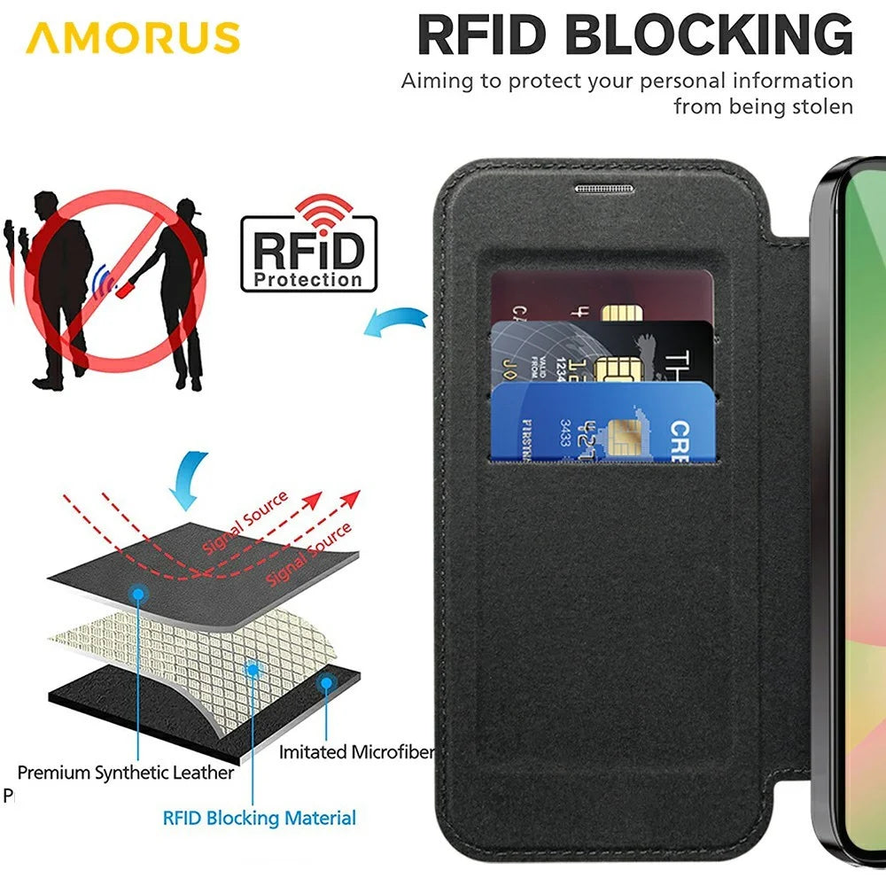 AMORUS For Samsung Galaxy A56 5G Magnetic Case RFID Blocking Card Holder Leather Phone Cover - Black - 3