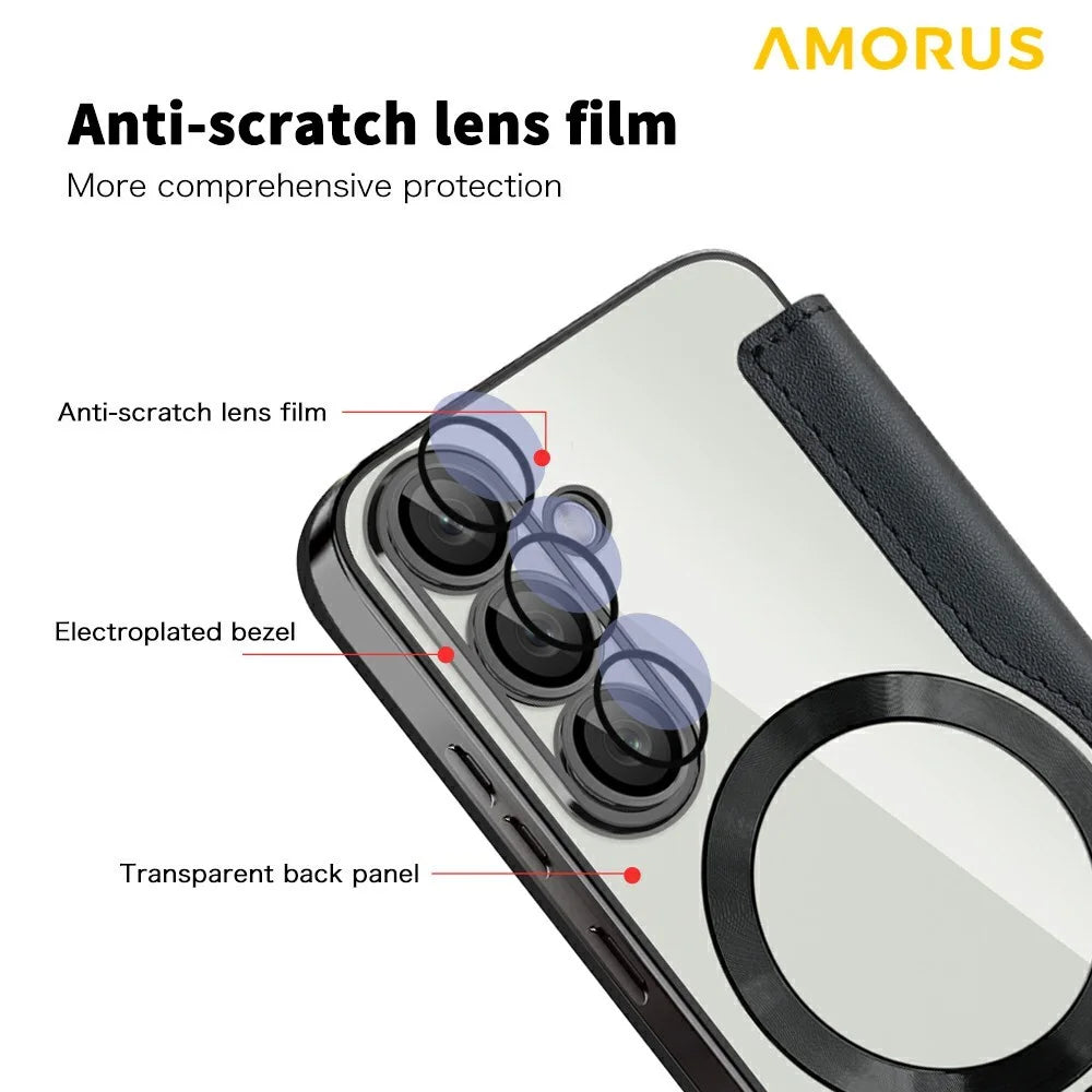 AMORUS For Samsung Galaxy A56 5G Magnetic Case RFID Blocking Card Holder Leather Phone Cover - Black - 7
