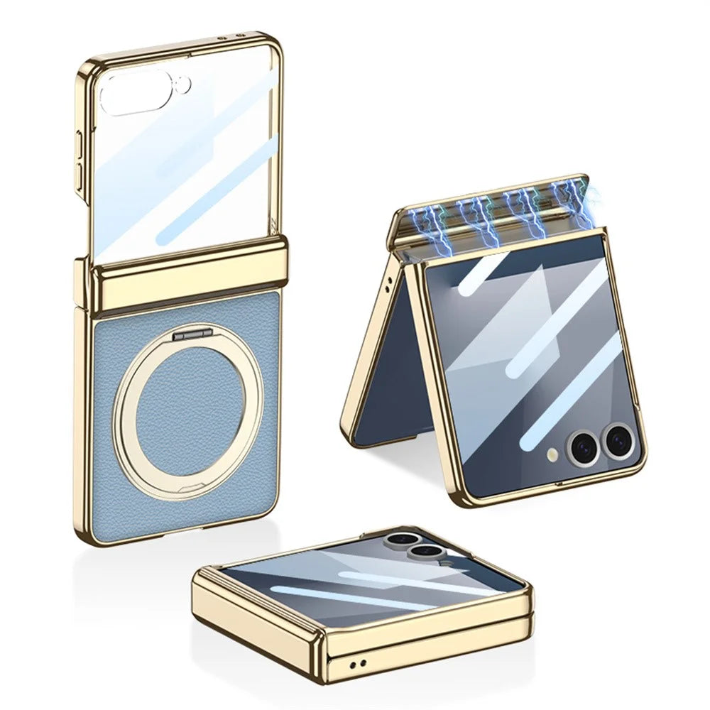 GKK For Samsung Galaxy Z Flip7 5G Case Kickstand Magnetic Hinge Protection PU PC Tempered Glass Phone Cover - Blue - 1