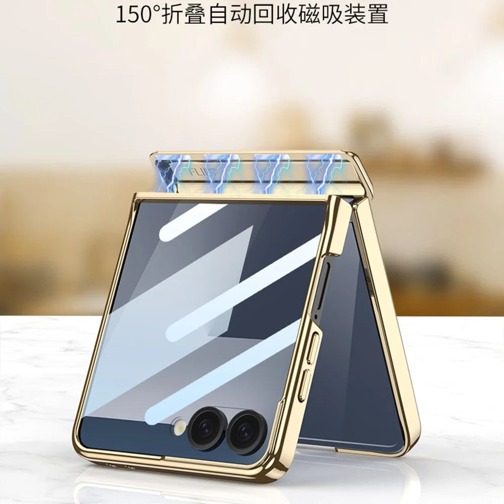 GKK For Samsung Galaxy Z Flip7 5G Case Kickstand Magnetic Hinge Protection PU PC Tempered Glass Phone Cover - Blue - 5