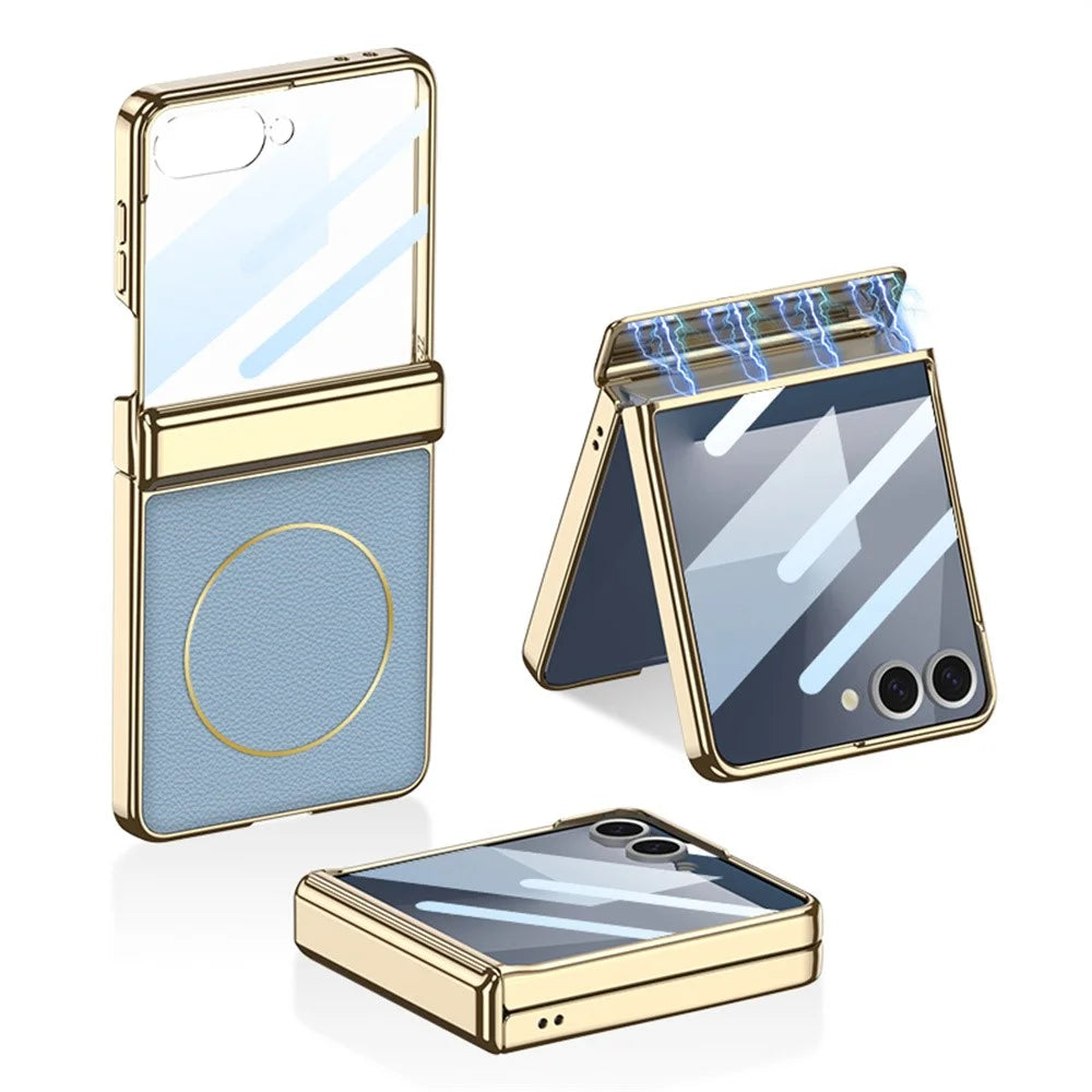 GKK For Samsung Galaxy Z Flip7 5G Magnetic Case Hinge Protection PU PC Tempered Glass Phone Cover - Blue - 1