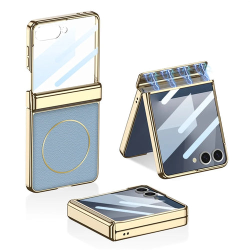 GKK For Samsung Galaxy Z Flip7 5G Magnetic Case Hinge Protection PU PC Tempered Glass Phone Cover - Blue - 1
