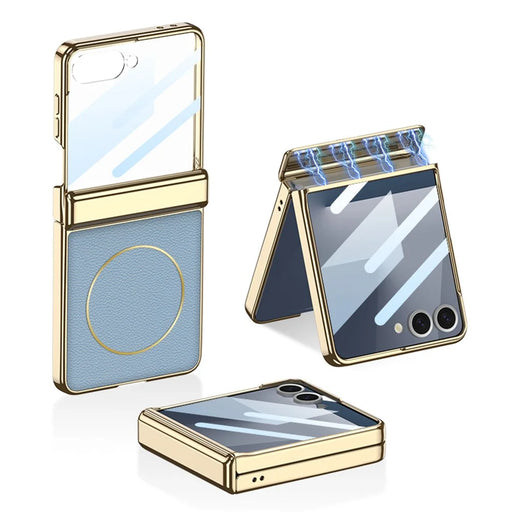 GKK For Samsung Galaxy Z Flip7 5G Magnetic Case Hinge Protection PU PC Tempered Glass Phone Cover - Blue - 1