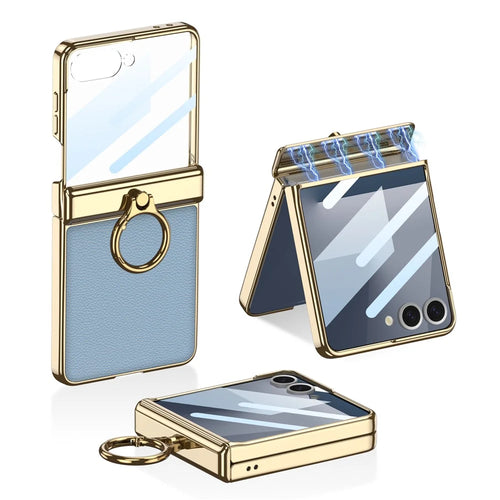 GKK For Samsung Galaxy Z Flip7 5G Kickstand Case Electroplating Magnetic Hinge Protection PU PC Tempered Glass Phone Cover - Blue - 1