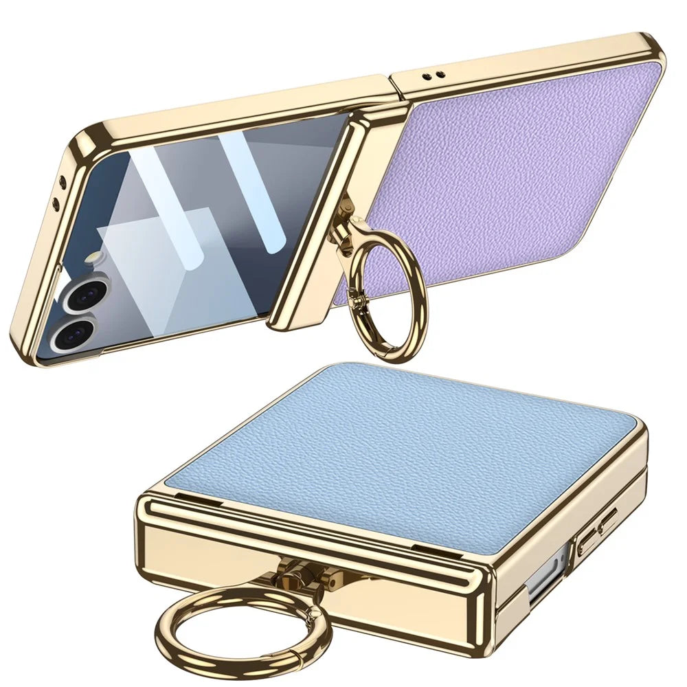 GKK For Samsung Galaxy Z Flip7 5G Kickstand Case Electroplating Magnetic Hinge Protection PU PC Tempered Glass Phone Cover - Blue - 4