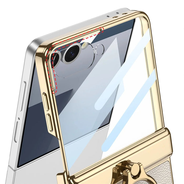 GKK For Samsung Galaxy Z Flip7 5G Kickstand Case Electroplating Magnetic Hinge Protection PU PC Tempered Glass Phone Cover - Blue - 6