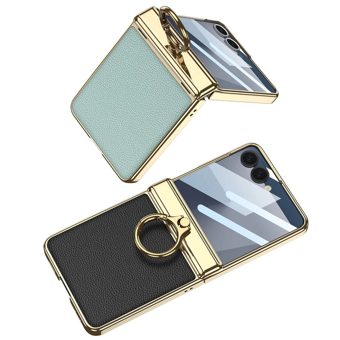 GKK For Samsung Galaxy Z Flip7 5G Kickstand Case Electroplating Magnetic Hinge Protection PU PC Tempered Glass Phone Cover - Blue - 7