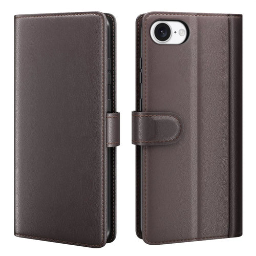 AMORUS For iPhone 17e / 16e Stand Cases Calf Texture Genuine Split Leather Wallet Phone Cover - Brown - 1