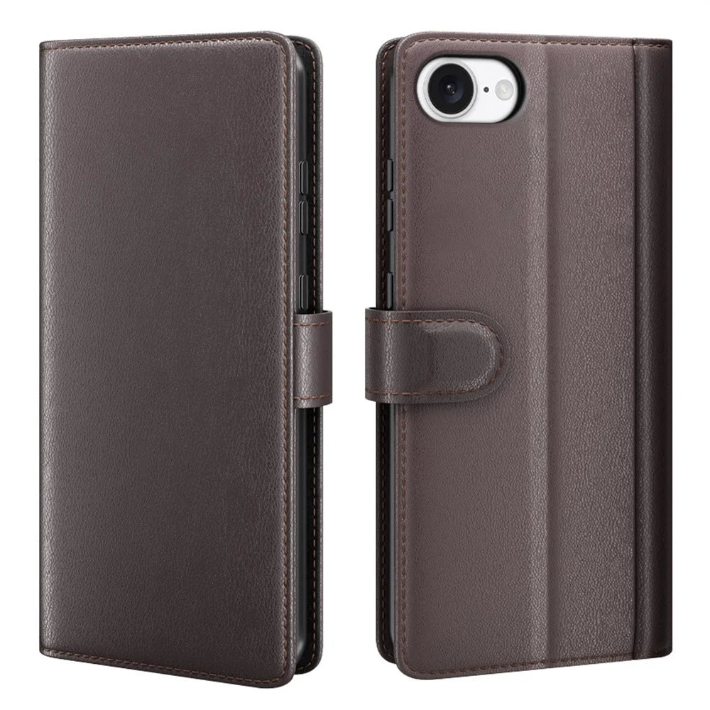 AMORUS For iPhone 17e / 16e Stand Cases Calf Texture Genuine Split Leather Wallet Phone Cover - Brown - 1