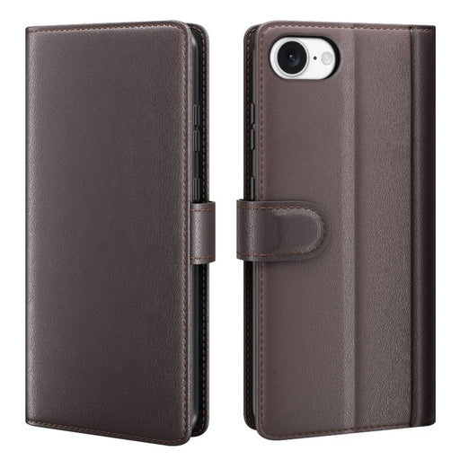AMORUS For iPhone 17e / 16e Stand Cases Calf Texture Genuine Split Leather Wallet Phone Cover - Brown - 1