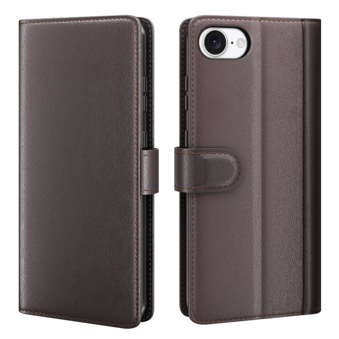 AMORUS For iPhone 17e / 16e Stand Cases Calf Texture Genuine Split Leather Wallet Phone Cover - Brown - 1