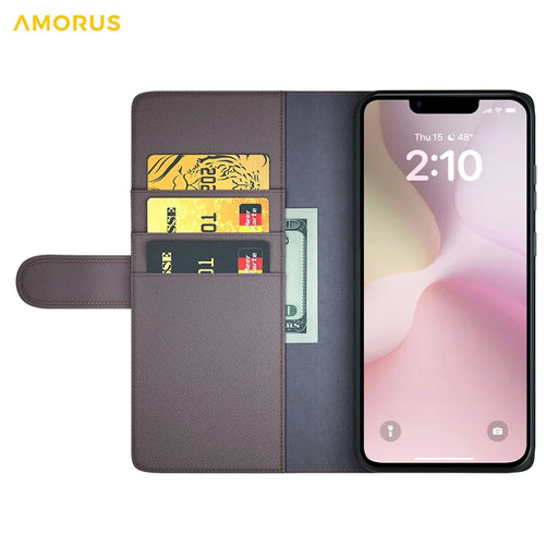 AMORUS For iPhone 17e / 16e Stand Cases Calf Texture Genuine Split Leather Wallet Phone Cover - Brown - 2