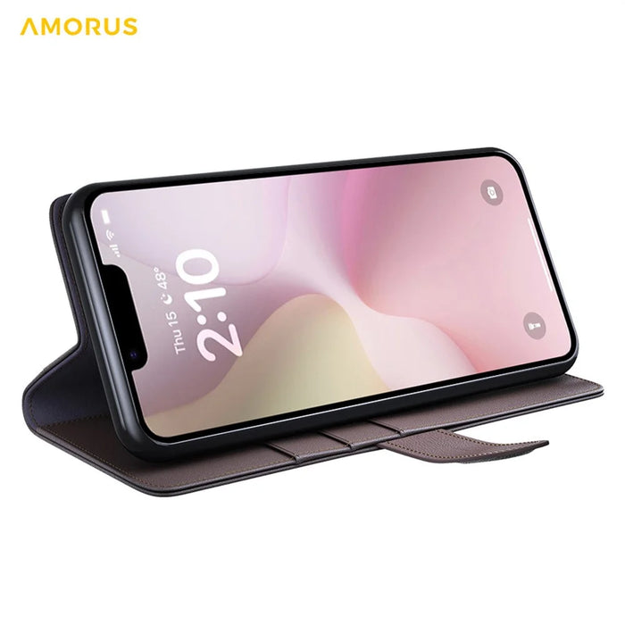 AMORUS For iPhone 17e / 16e Stand Cases Calf Texture Genuine Split Leather Wallet Phone Cover - Brown - 3
