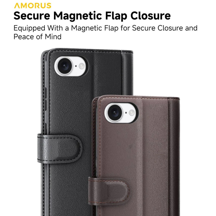 AMORUS For iPhone 17e / 16e Stand Cases Calf Texture Genuine Split Leather Wallet Phone Cover - Brown - 4