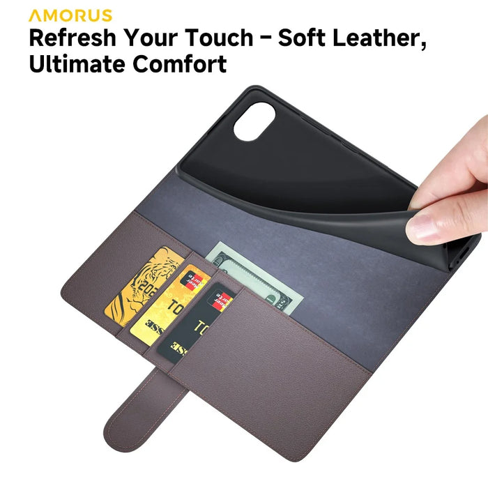 AMORUS For iPhone 17e / 16e Stand Cases Calf Texture Genuine Split Leather Wallet Phone Cover - Brown - 6