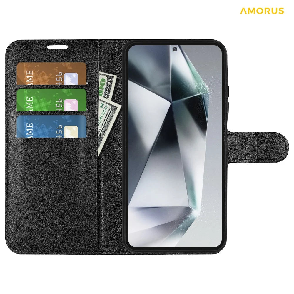 AMORUS For Samsung Galaxy S25 Ultra Wallet Case Litchi Texture Shockproof Leather Flip Stand Phone Cover - Black - 2