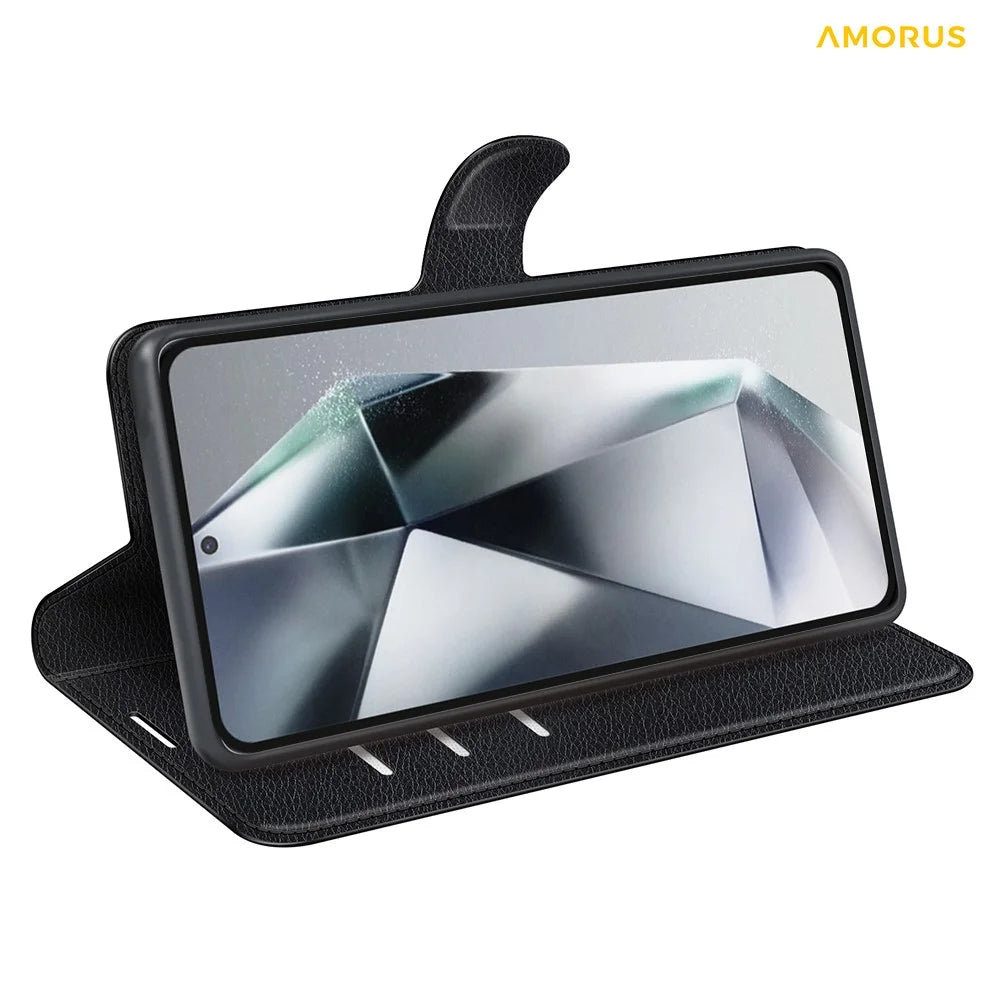 AMORUS For Samsung Galaxy S25 Ultra Wallet Case Litchi Texture Shockproof Leather Flip Stand Phone Cover - Black - 3