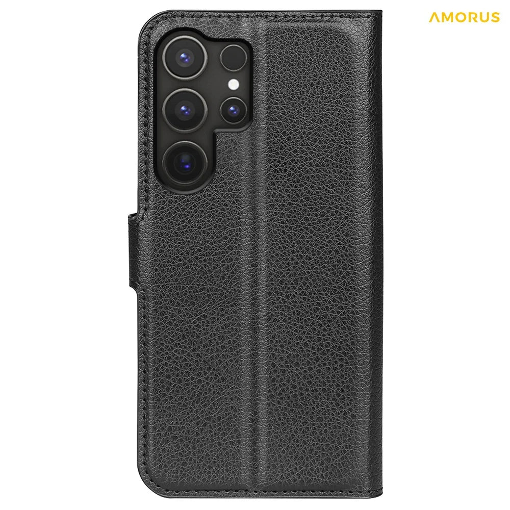 AMORUS For Samsung Galaxy S25 Ultra Wallet Case Litchi Texture Shockproof Leather Flip Stand Phone Cover - Black - 6
