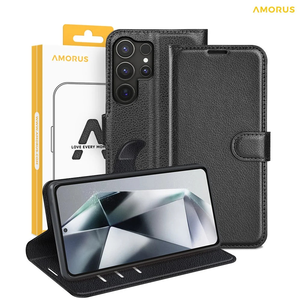 AMORUS For Samsung Galaxy S25 Ultra Wallet Case Litchi Texture Shockproof Leather Flip Stand Phone Cover - Black - 7