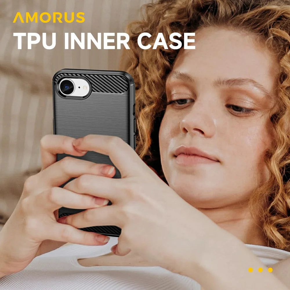 AMORUS For iPhone 17e / 16e Case Carbon Fiber Texture Brushed Protective Phone Cover - Black - 2