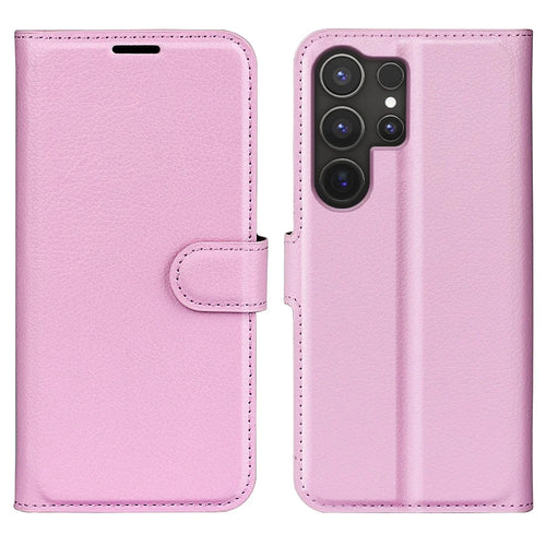 AMORUS For Samsung Galaxy S24 Ultra Wallet Case Litchi Texture Shockproof Leather Flip Stand Phone Cover - Pink - 1