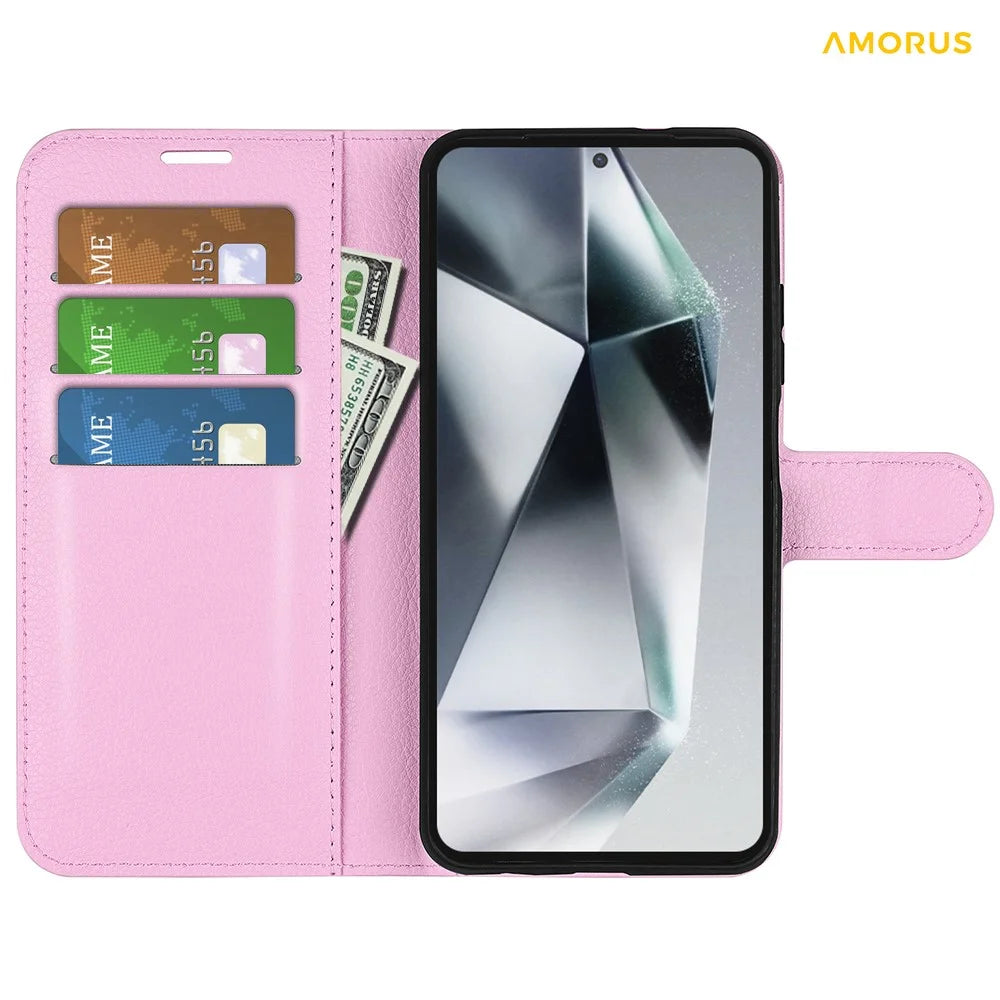 AMORUS For Samsung Galaxy S24 Ultra Wallet Case Litchi Texture Shockproof Leather Flip Stand Phone Cover - Pink - 2