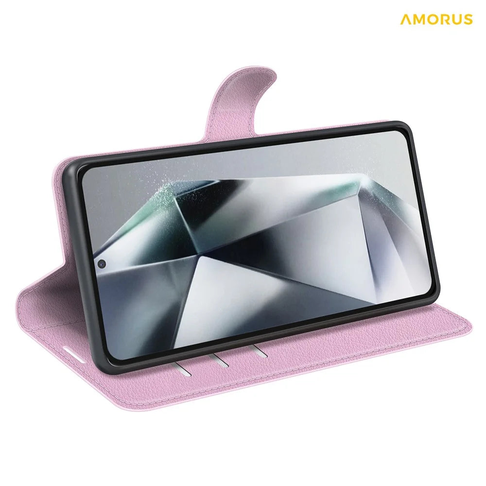 AMORUS For Samsung Galaxy S24 Ultra Wallet Case Litchi Texture Shockproof Leather Flip Stand Phone Cover - Pink - 3