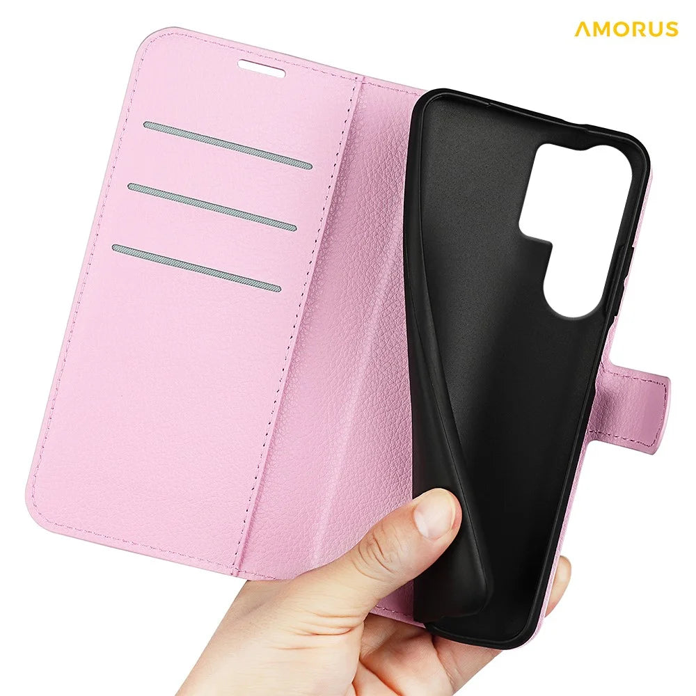 AMORUS For Samsung Galaxy S24 Ultra Wallet Case Litchi Texture Shockproof Leather Flip Stand Phone Cover - Pink - 4