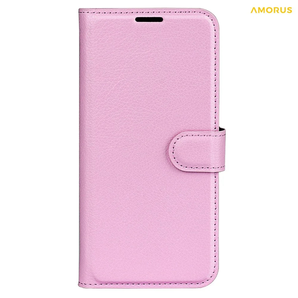 AMORUS For Samsung Galaxy S24 Ultra Wallet Case Litchi Texture Shockproof Leather Flip Stand Phone Cover - Pink - 5