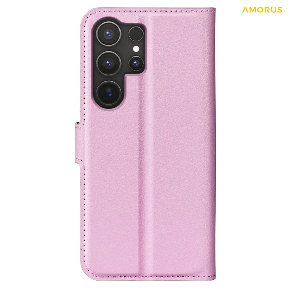 AMORUS For Samsung Galaxy S24 Ultra Wallet Case Litchi Texture Shockproof Leather Flip Stand Phone Cover - Pink - 6