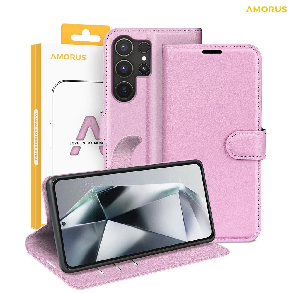 AMORUS For Samsung Galaxy S24 Ultra Wallet Case Litchi Texture Shockproof Leather Flip Stand Phone Cover - Pink - 7