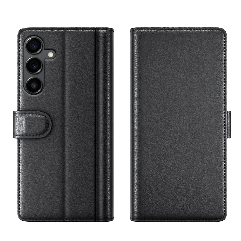 For Samsung Galaxy S25 FE Case Genuine Split Leather Phone Cover with Wallet Stand -  Black - 1