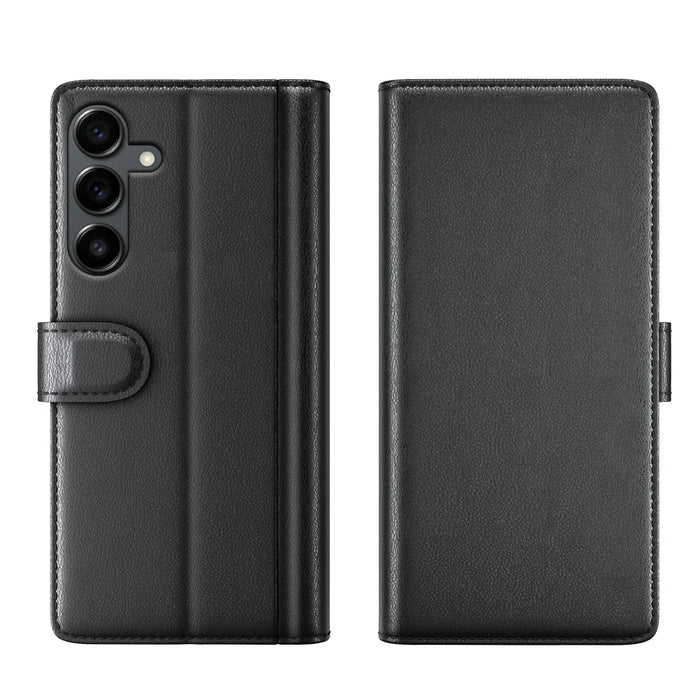 For Samsung Galaxy S25 FE Case Genuine Split Leather Phone Cover with Wallet Stand -  Black - 1