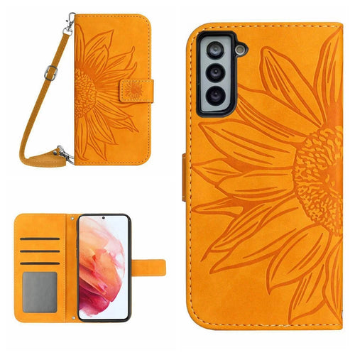 For Samsung Galaxy S21+ 5G HT04 Imprinted Sunflower Phone Case with Shoulder Strap, PU Leather Skin-touch Wallet Stand Cover - Yellow - 1