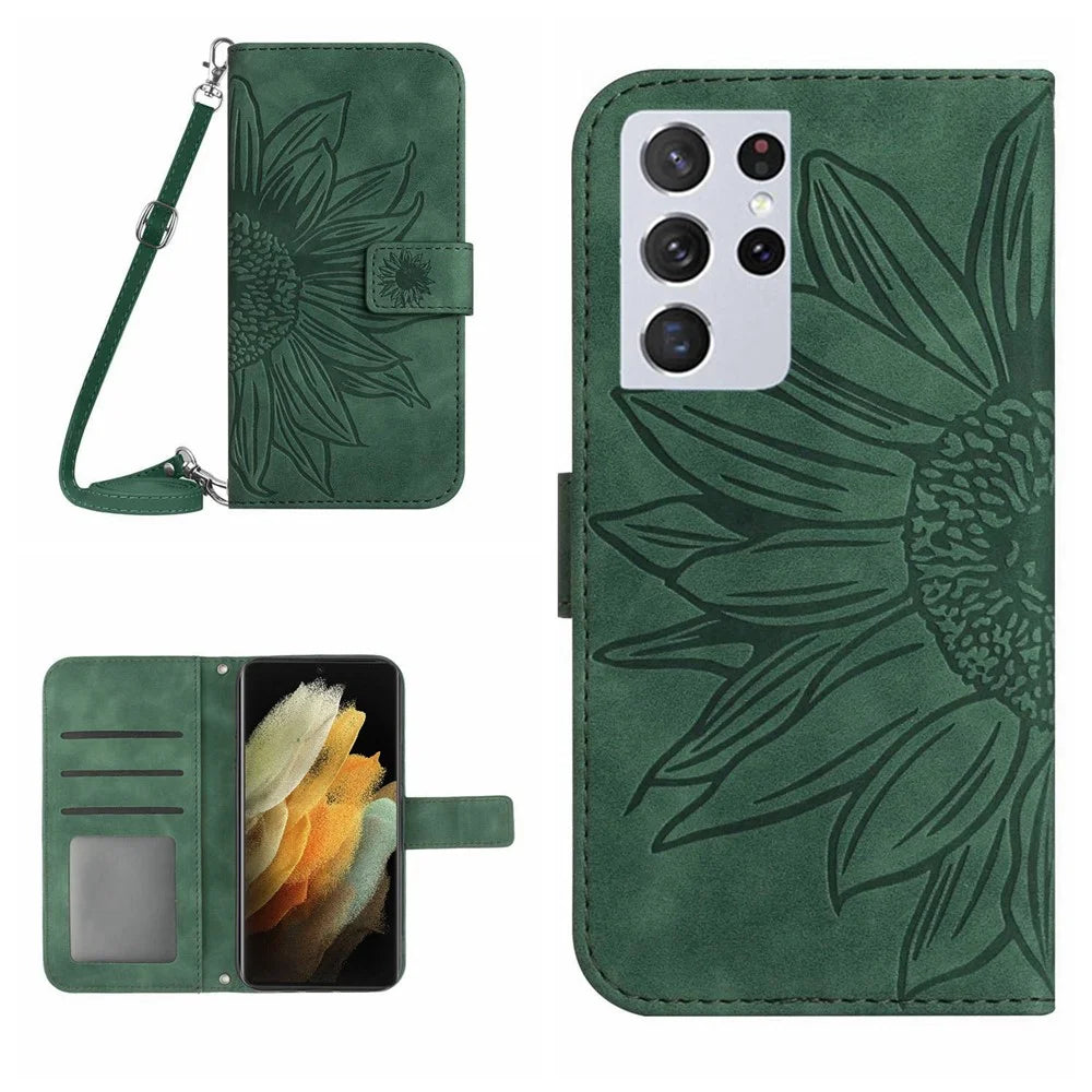 Skin-friendly Phone Case For Samsung Galaxy S21 Ultra 5G, HT04 Imprinted Sunflower PU Leather Flip Wallet Stand Cover with Shoulder Strap - Dark Green - 1