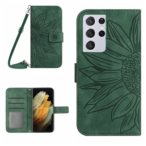 Skin-friendly Phone Case For Samsung Galaxy S21 Ultra 5G, HT04 Imprinted Sunflower PU Leather Flip Wallet Stand Cover with Shoulder Strap - Dark Green - 1