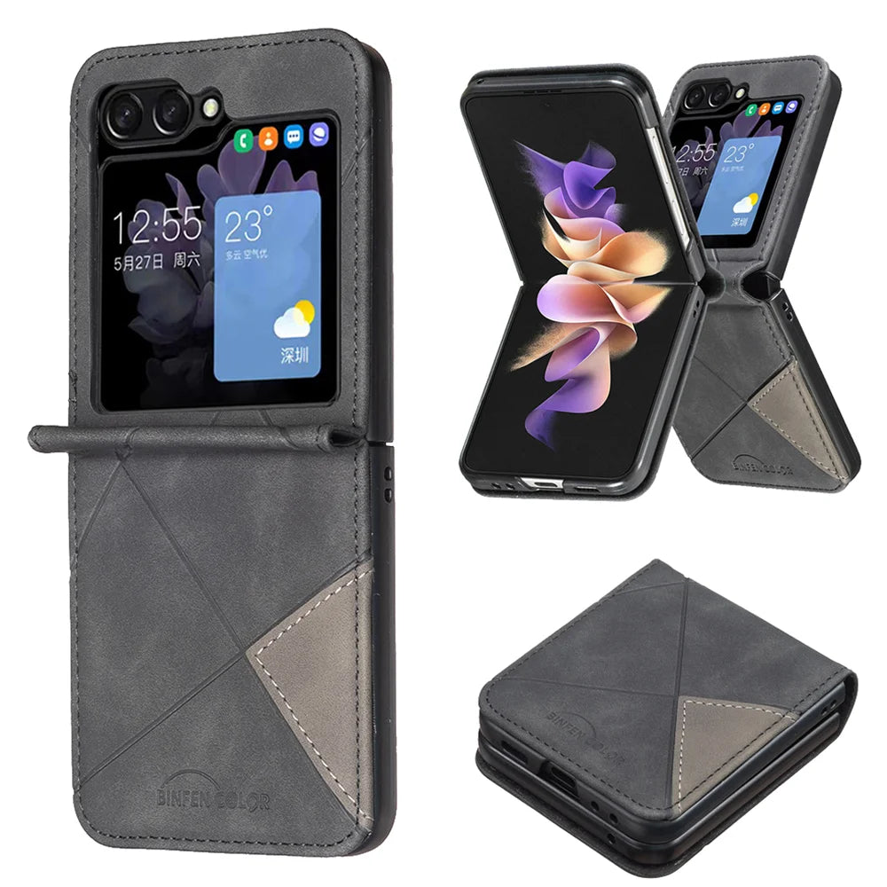 BINFEN COLOR For Samsung Galaxy Z Flip7 5G Phone Case  Wallet Stand Geometry Imprinted Leather Cover - Black - 2