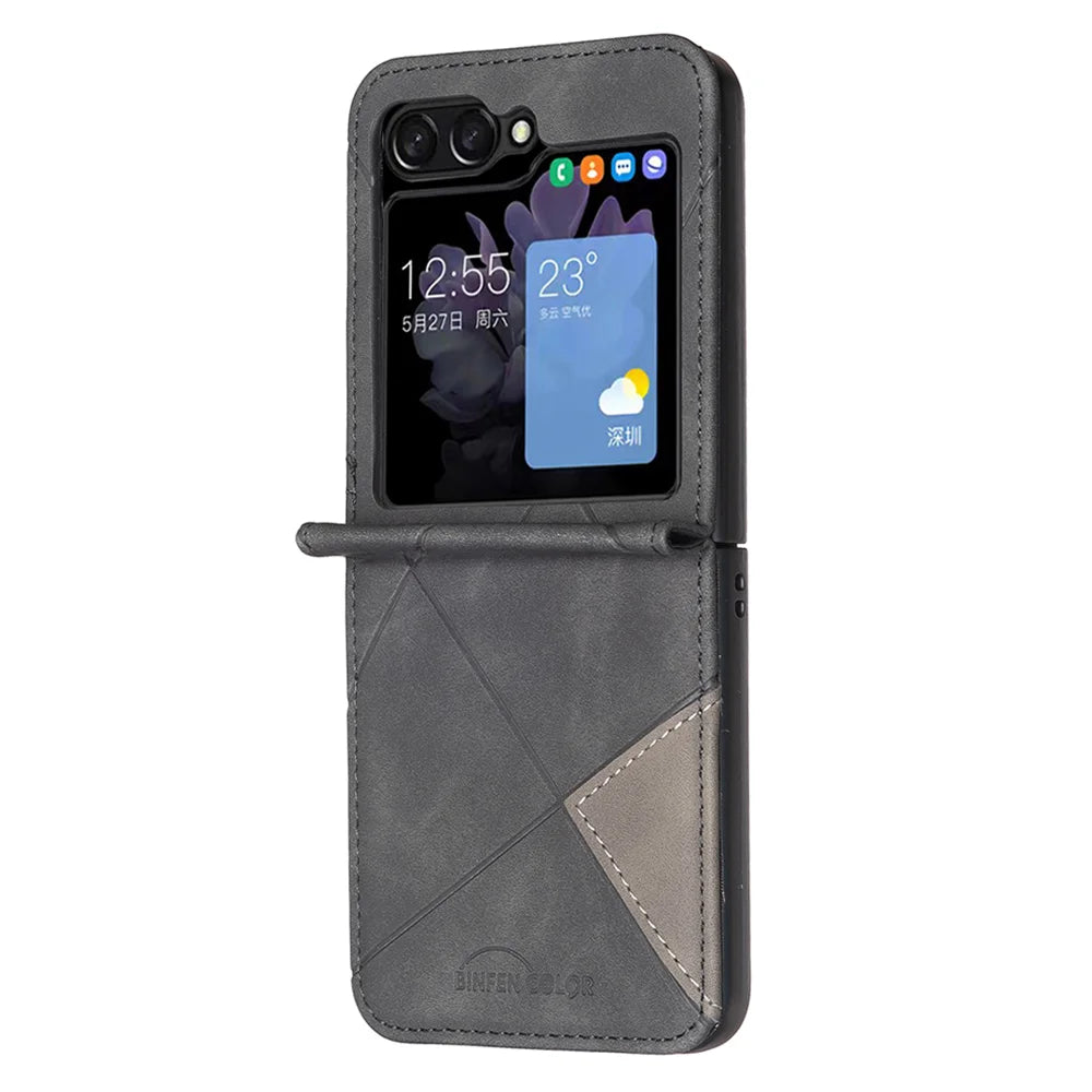BINFEN COLOR For Samsung Galaxy Z Flip7 5G Phone Case  Wallet Stand Geometry Imprinted Leather Cover - Black - 3