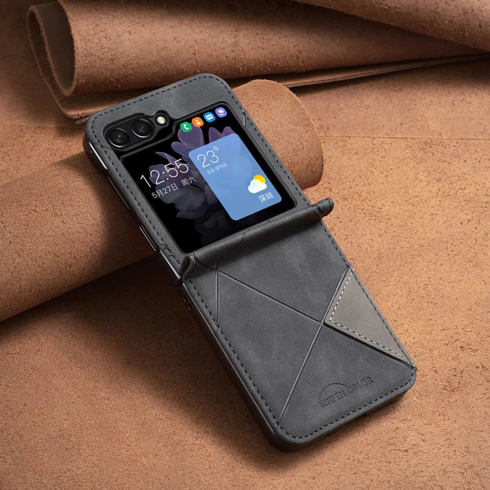 BINFEN COLOR For Samsung Galaxy Z Flip7 5G Phone Case  Wallet Stand Geometry Imprinted Leather Cover - Black - 5