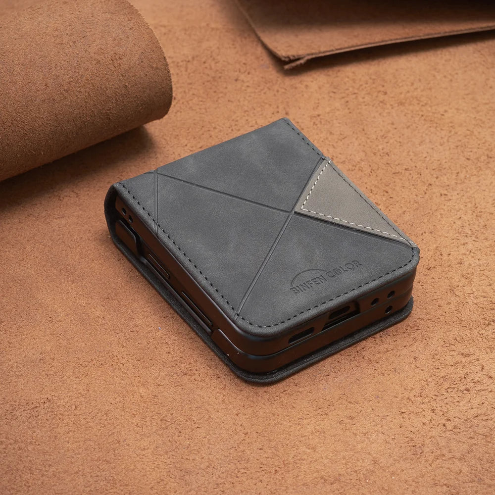 BINFEN COLOR For Samsung Galaxy Z Flip7 5G Phone Case  Wallet Stand Geometry Imprinted Leather Cover - Black - 7